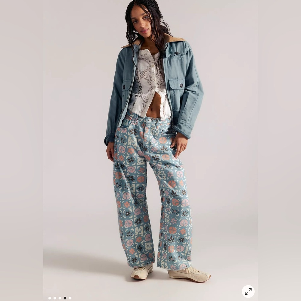 We The Free Good Luck Printed Barrel Jeans Jade Combo - Ditsy Block